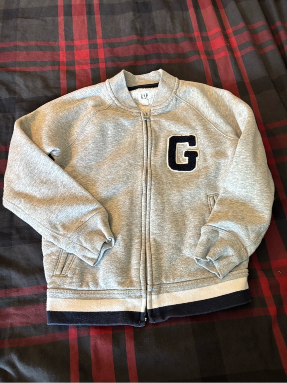 GAP Kids' Gray Zip-Up “Letter Jacket” style Sweatshirt with Navy accents.